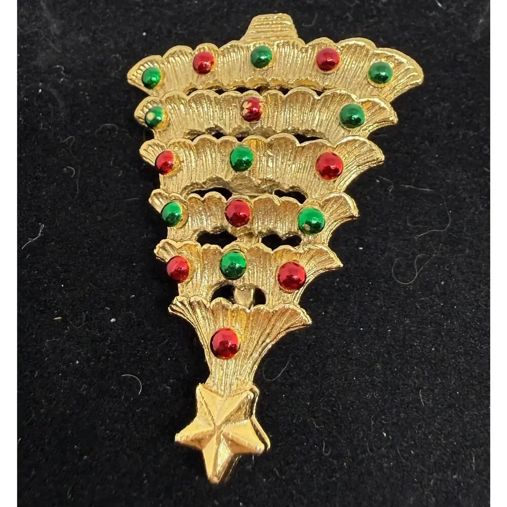VINTAGE Gerry's Christmas Tree Brooch Signed Gold Tone Red Green Rhinestone Pins